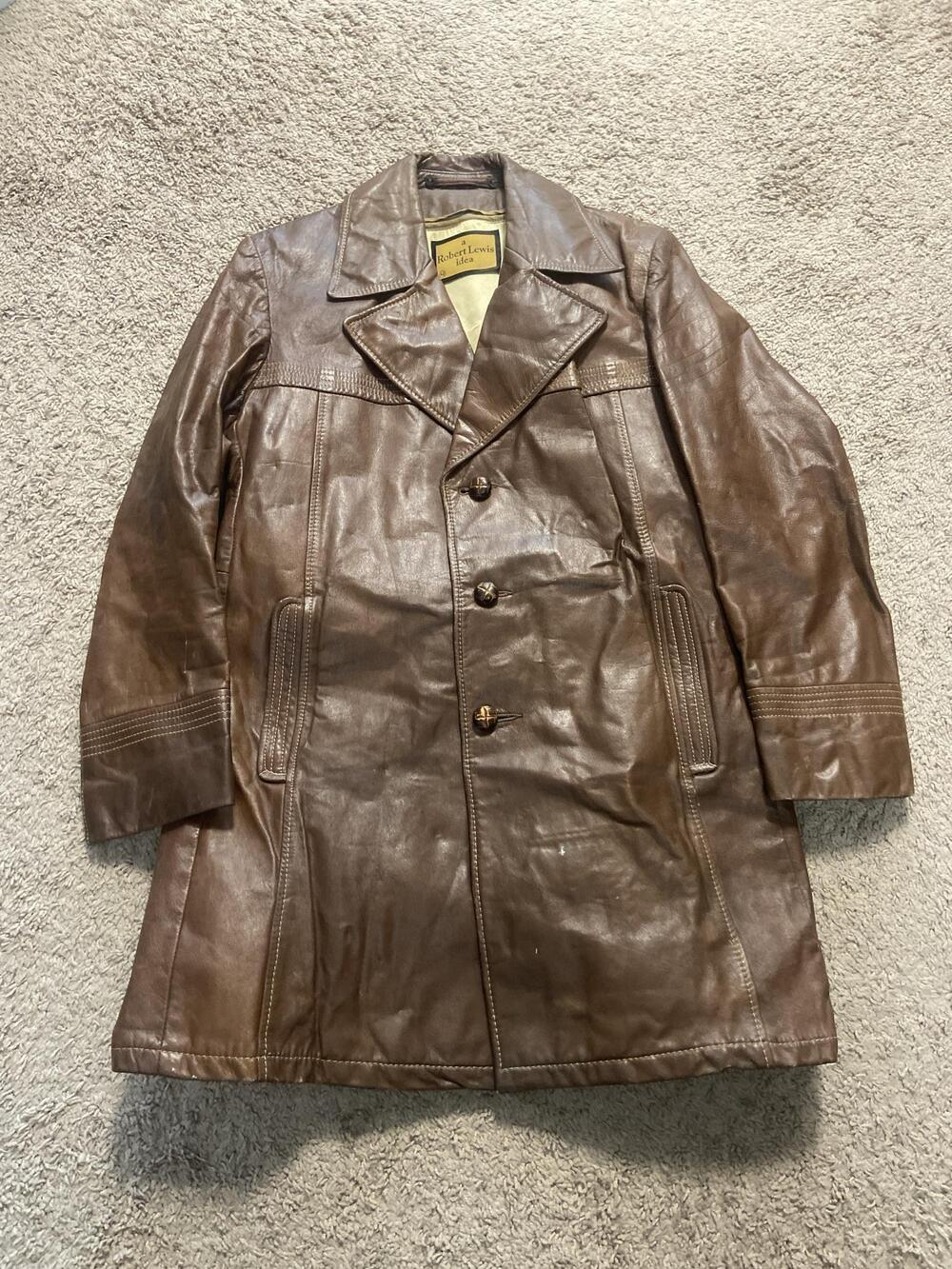 Vintage Robert Lewis Coat Mens 42 Brown Leather Plaid Lined Overcoat Mid Length